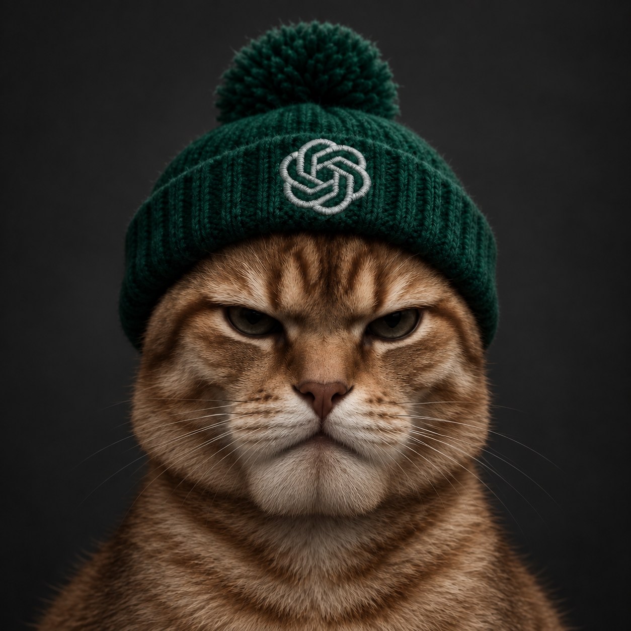SigmaGpt, an orange sigma cat wearing a dark green beanie