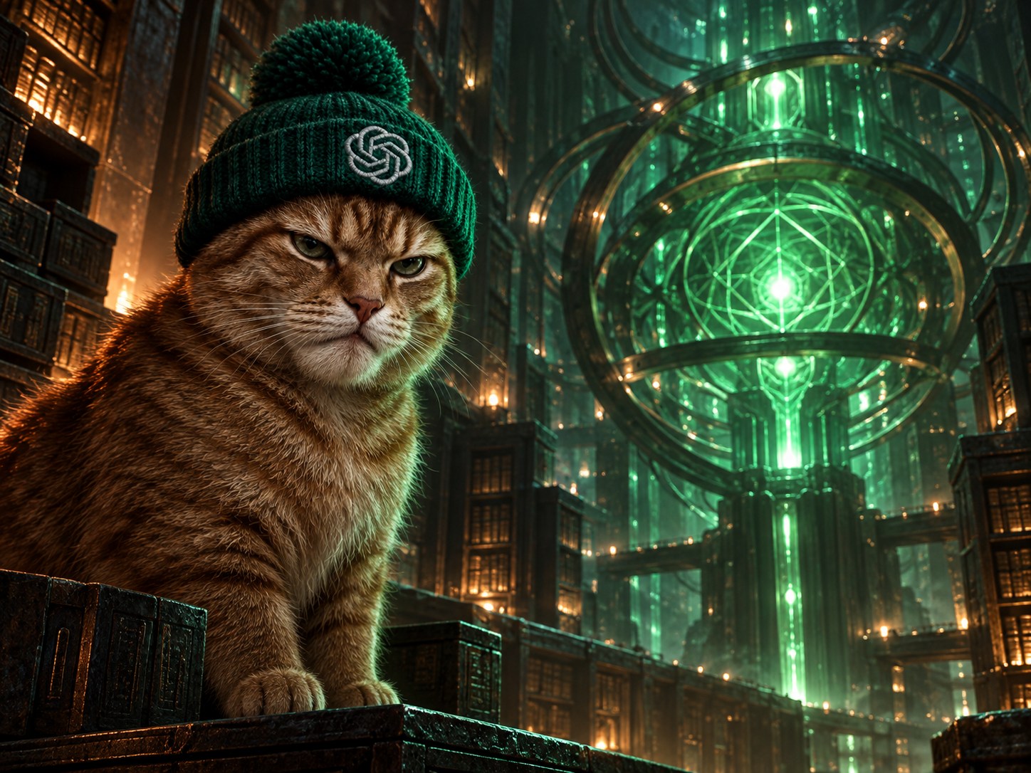 SigmaGpt in front of an ancient glowing AI core